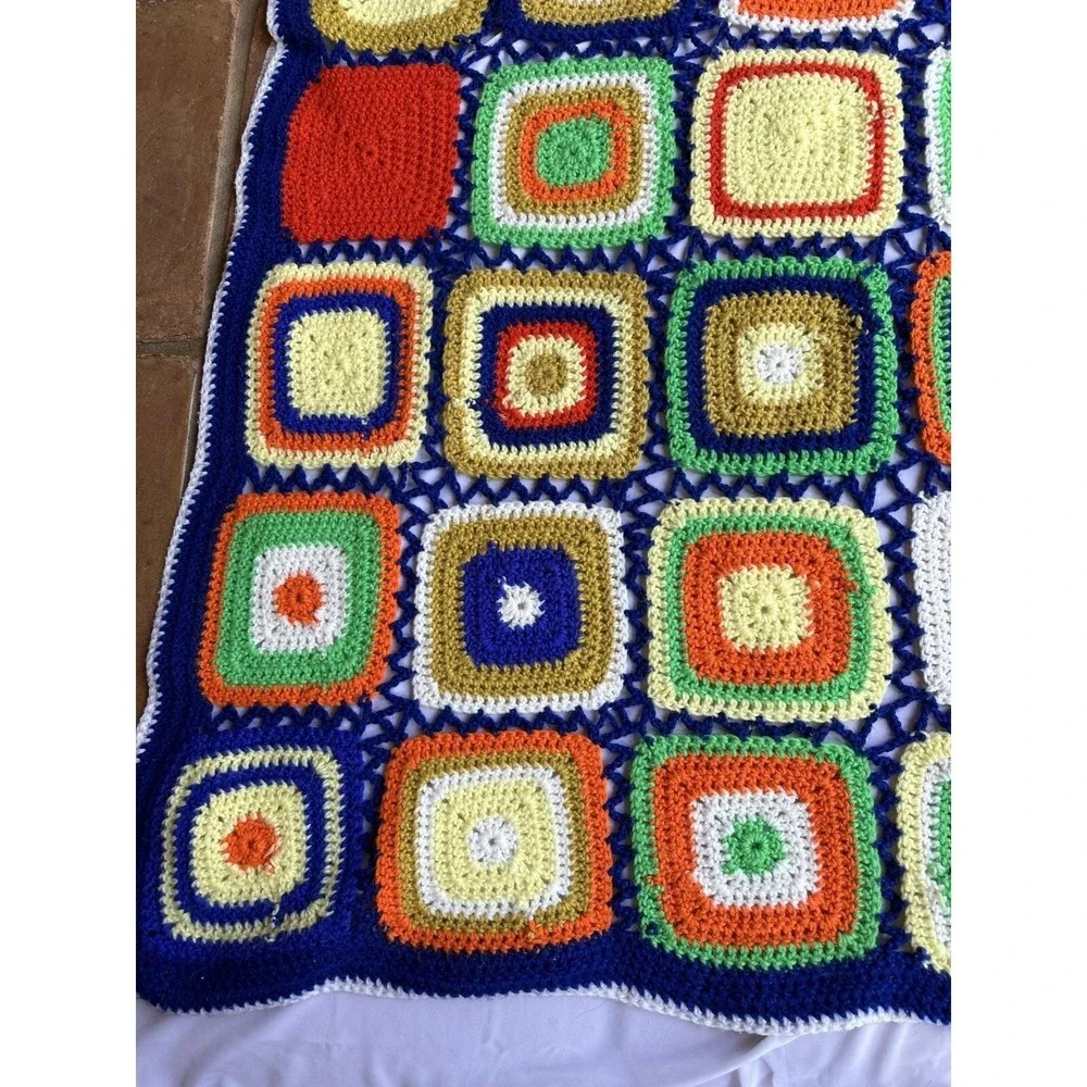 Vtg Squares Crochet Afghan 70's Granny Blanket Multicolor 43